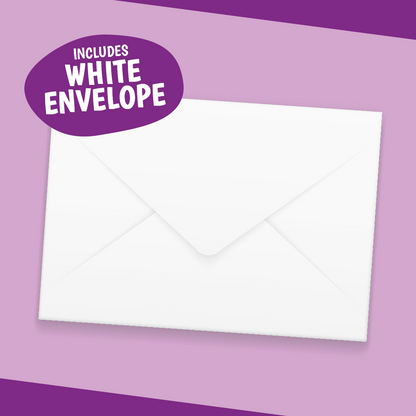 A single white envelope shown on a lavender background with purple corner accents and a badge that reads 'INCLUDES WHITE ENVELOPE'.