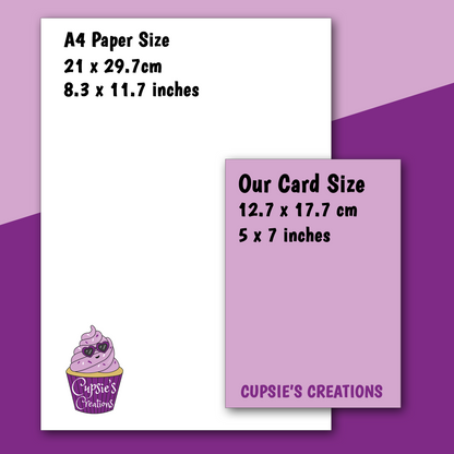 Greeting card size guide showing card dimensions