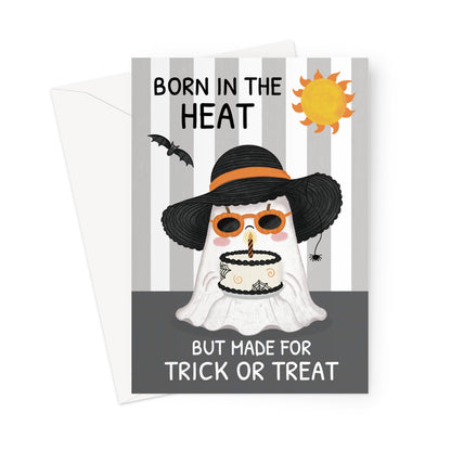 funny Halloween birthday card with ghost wearing sun hat sunglasses and holding birthday cake
