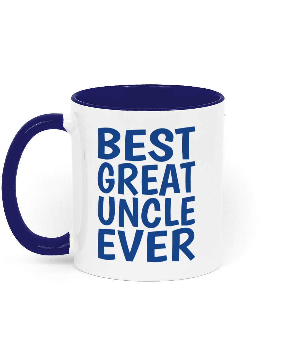 Best great uncle ever mug with blue handle and bold blue text on white ceramic mug * Left Side