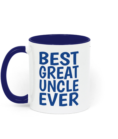 Best great uncle ever mug with blue handle and bold blue text on white ceramic mug * Left Side