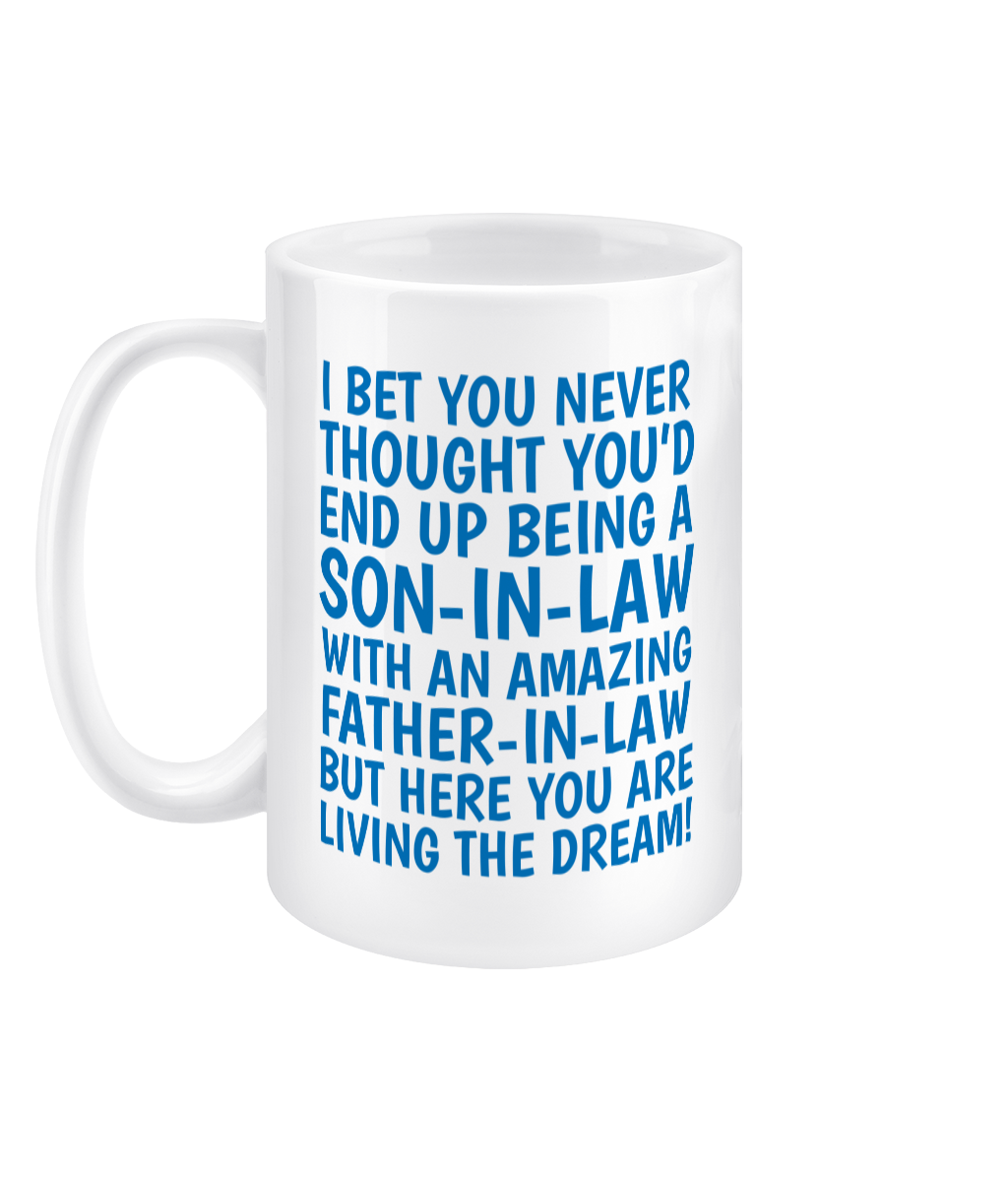 Funny 15oz son-in-law jumbo mug – blue text humour gift from Father-in-law, double-sided white ceramic cup