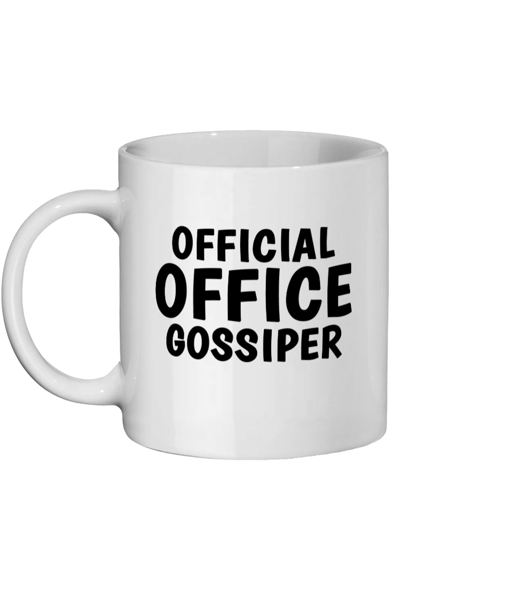 Funny white mug with bold black text reading “Official Office Gossiper” – work gift for colleague. left Side