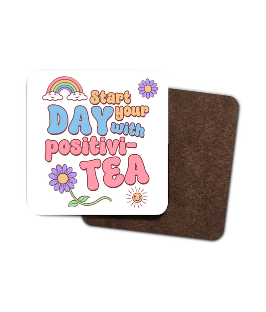 Retro pastel coaster with quote Start your day with Positivi-TEA, rainbow, daisies and sunshine