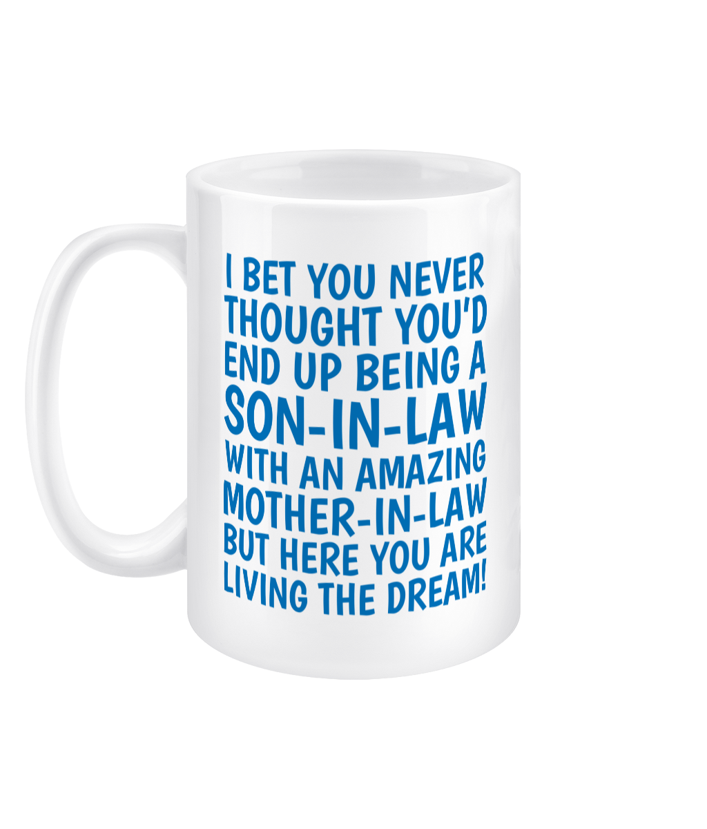 Funny 15oz son-in-law jumbo mug – blue text humour gift from Mother-in-law, double-sided white ceramic cup