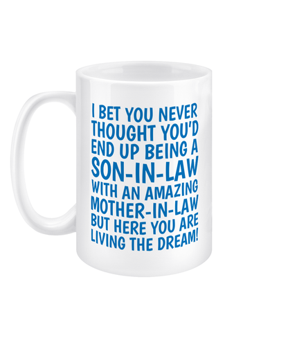 Funny 15oz son-in-law jumbo mug – blue text humour gift from Mother-in-law, double-sided white ceramic cup