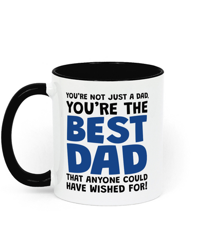 Best Dad mug with bold blue and black typography design on white ceramic Father's Day coffee mug - Left Side