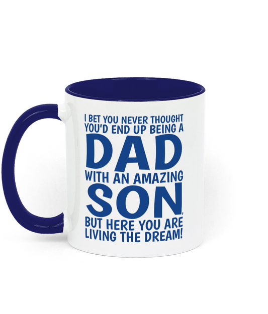 Funny Dad mug from son with blue typography design and Father's Day message on white ceramic mug - Left Side