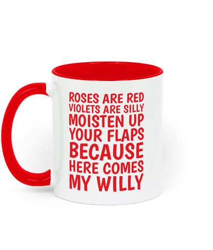 Cheeky adult humour mug with red handle and interior featuring rude valentines poem text on white ceramic cup - Left Side