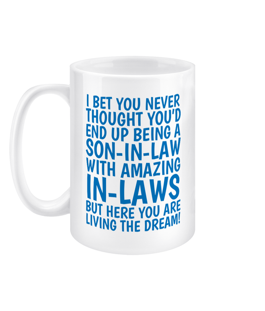 Funny 15oz son-in-law jumbo mug – blue text humour gift from in-laws, double-sided white ceramic cup