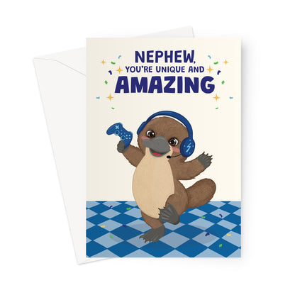 cute nephew birthday card with platypus wearing gaming headphones holding controller and unique amazing message