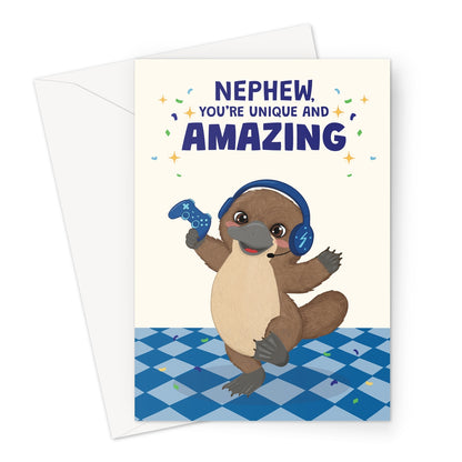 cute nephew birthday card with platypus wearing gaming headphones holding controller and unique amazing message