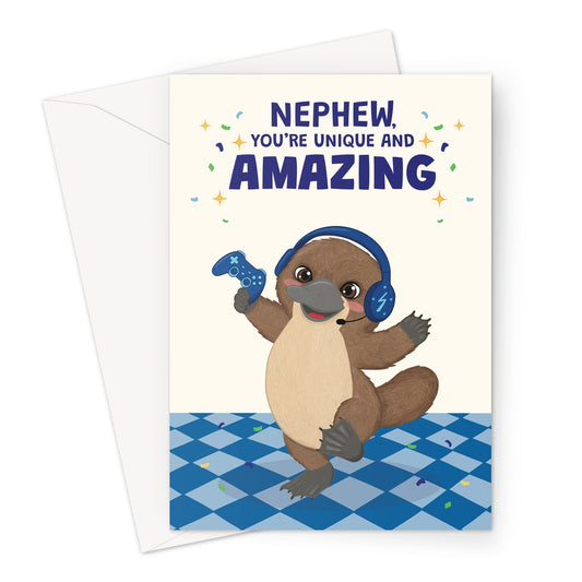 cute nephew birthday card with platypus wearing gaming headphones holding controller and unique amazing message
