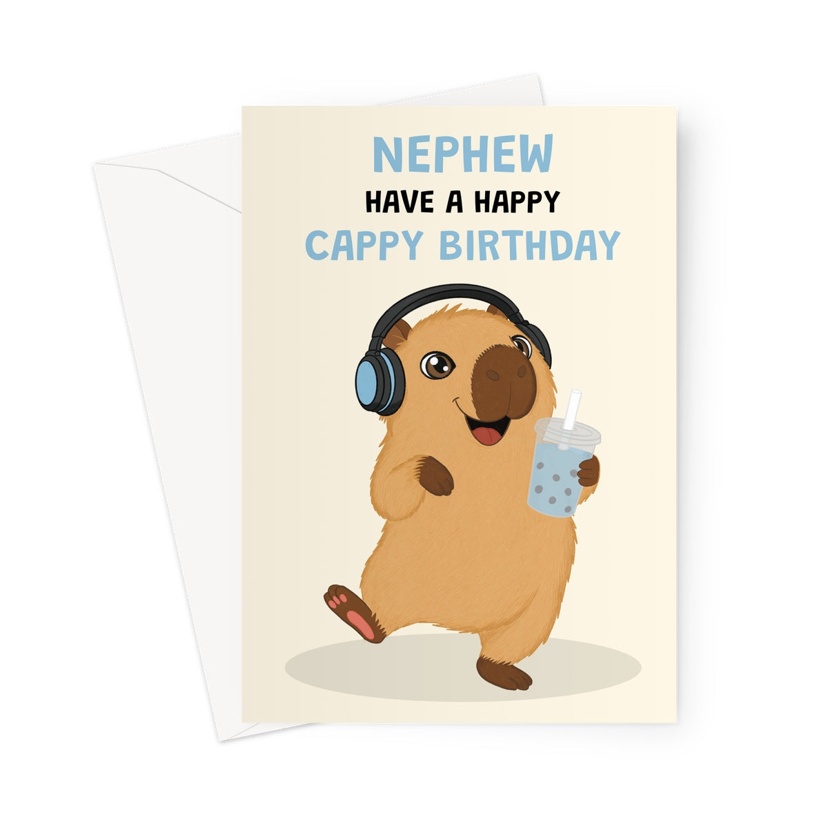 cute nephew capybara birthday card with headphones bubble tea and happy cappy birthday message