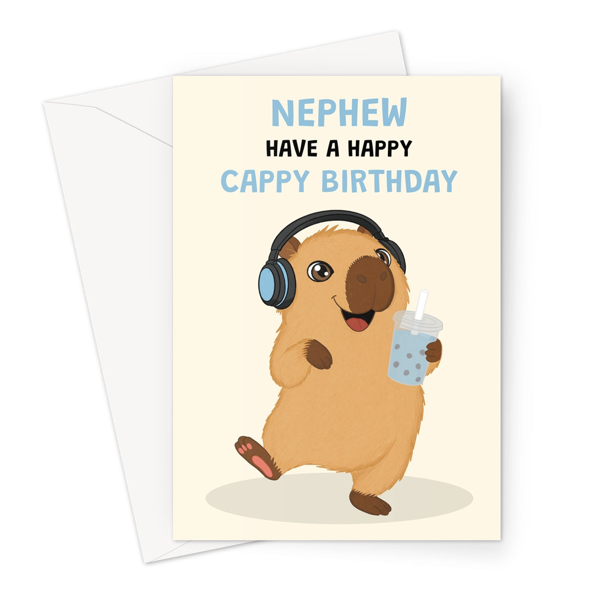 cute nephew capybara birthday card with headphones bubble tea and happy cappy birthday message