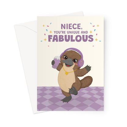 cute niece birthday card with platypus wearing purple headphones holding bubble tea and unique fabulous message