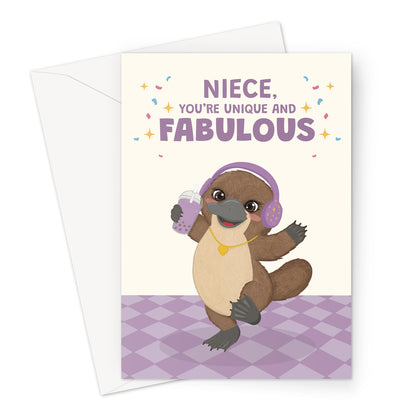 cute niece birthday card with platypus wearing purple headphones holding bubble tea and unique fabulous message