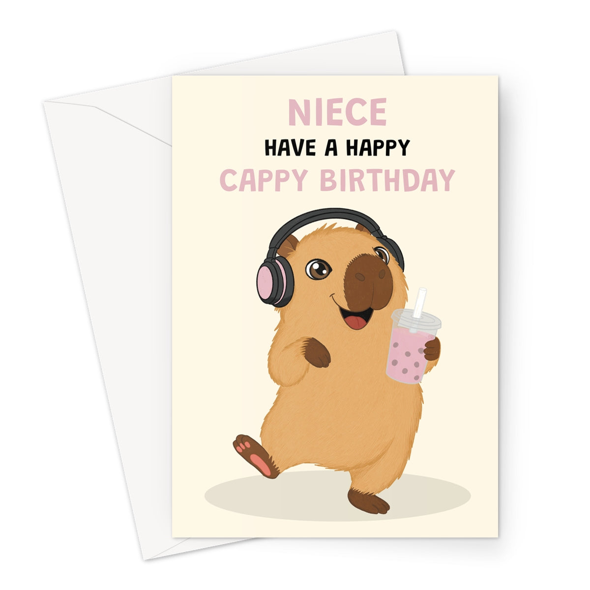 cute niece capybara birthday card with headphones bubble tea and happy cappy birthday message