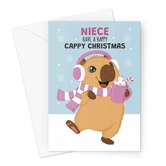 niece Christmas card with cute capybara wearing pink earmuffs and scarf holding hot chocolate