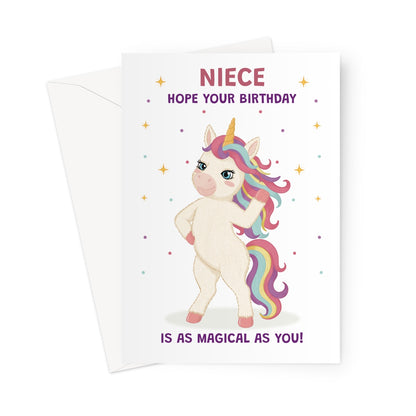 niece unicorn birthday card with rainbow mane stars and hope your birthday is as magical as you message