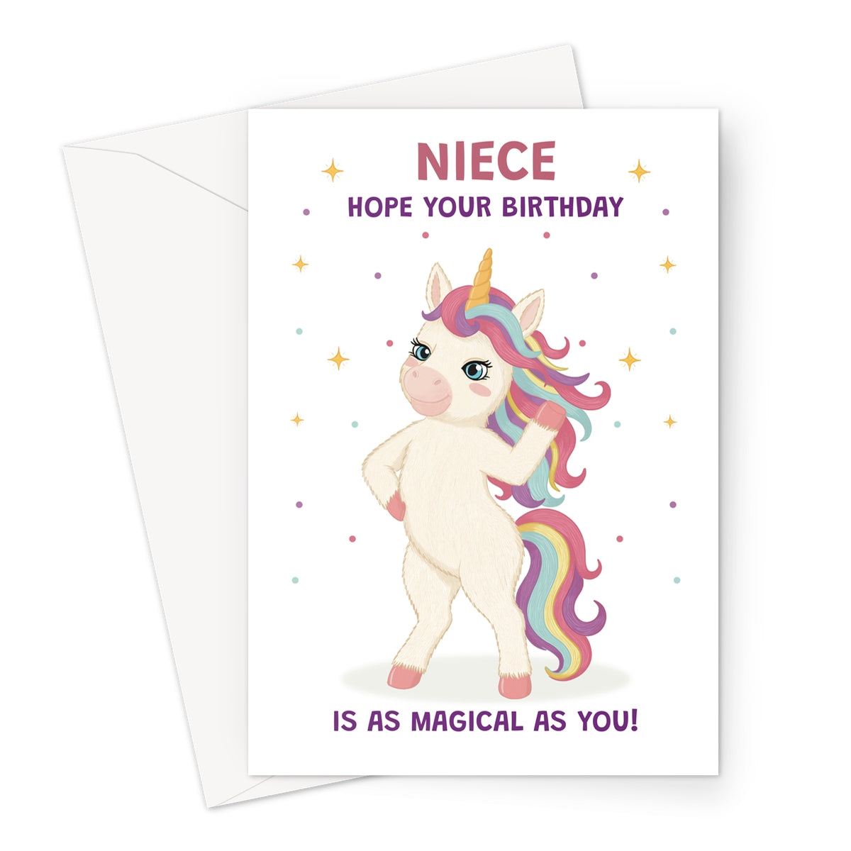 niece unicorn birthday card with rainbow mane stars and hope your birthday is as magical as you message