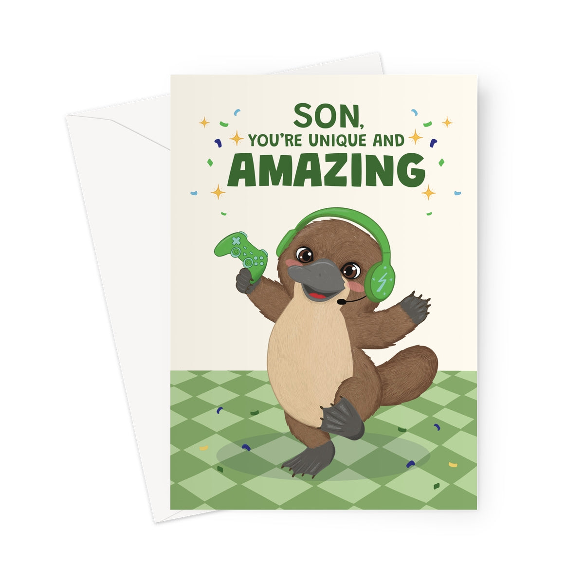 cute son birthday card with platypus wearing green gaming headphones holding controller and unique amazing message