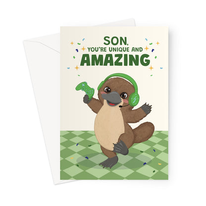 cute son birthday card with platypus wearing green gaming headphones holding controller and unique amazing message