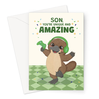 cute son birthday card with platypus wearing green gaming headphones holding controller and unique amazing message