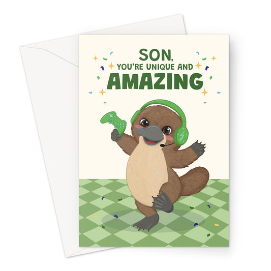 cute son birthday card with platypus wearing green gaming headphones holding controller and unique amazing message