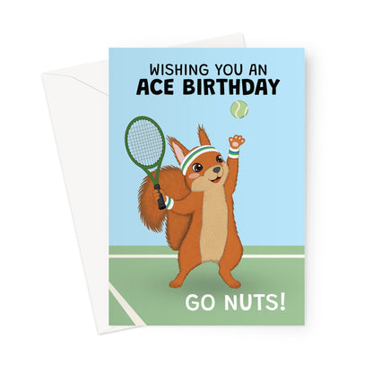funny tennis birthday card with squirrel holding racket and ace birthday go nuts message