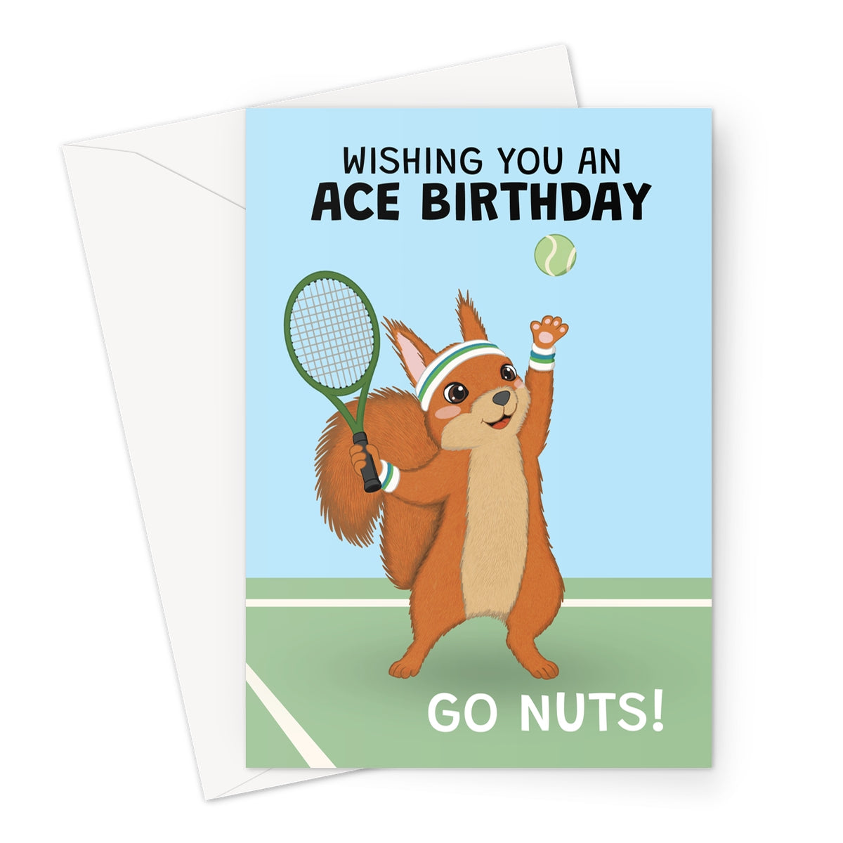 funny tennis birthday card with squirrel holding racket and ace birthday go nuts message