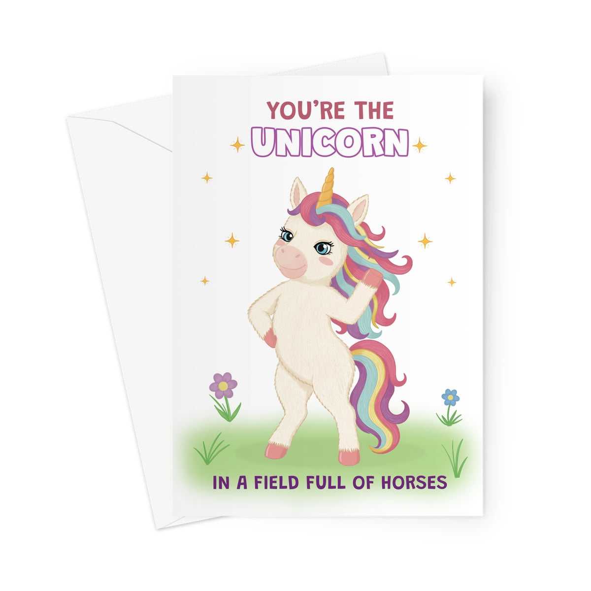 cute unicorn birthday card with rainbow mane and you’re the unicorn in a field full of horses message