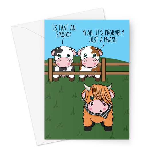 A funny cow themed greeting card for an emo
