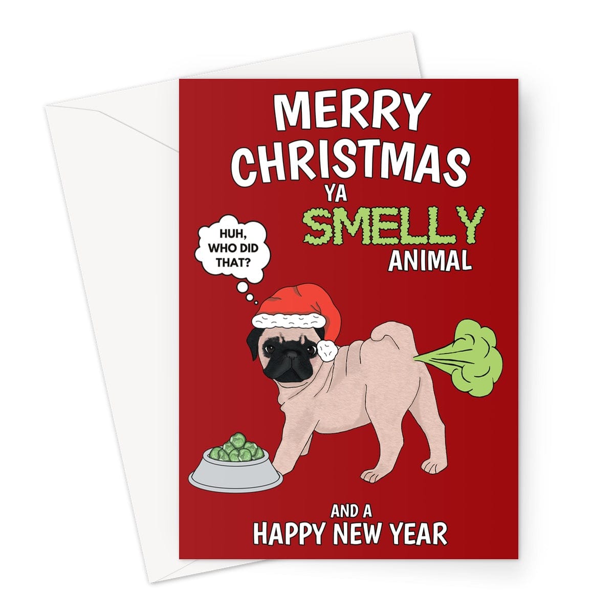 Merry Christmas Card - Funny Farting Pug Dog - A5 Greeting Card Cupsie's Creations